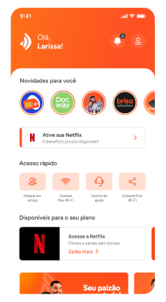 Tela principal do aplicativo Brisacliente fibra, onde mostra as principais novidades, Acesso rápido, e serviços disponíveis no plano