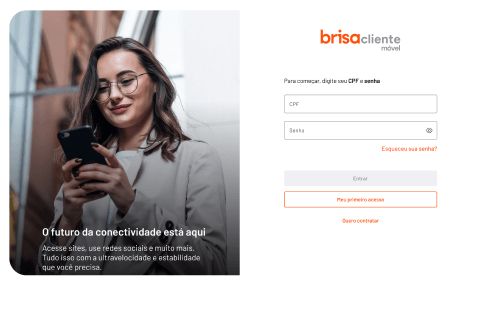 Ilustração de um computador exibindo a tela inicial do Brisacliente móvel web, onde os clientes podem fazer login ou ter seu primeiro acesso.