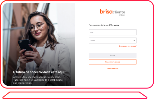 Ilustração de um computador exibindo a tela inicial do Brisacliente móvel web, onde os clientes podem fazer login ou ter seu primeiro acesso.