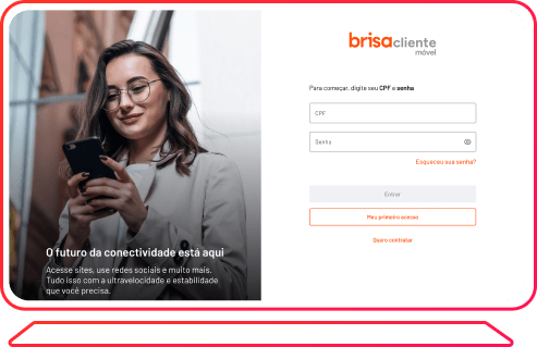 Ilustração de um computador exibindo a tela inicial do Brisacliente móvel web, onde os clientes podem fazer login ou ter seu primeiro acesso.