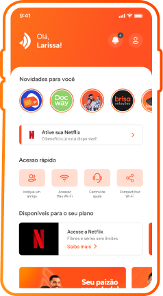 Tela principal do aplicativo Brisacliente fibra, onde mostra as principais novidades, Acesso rápido, e serviços disponíveis no plano