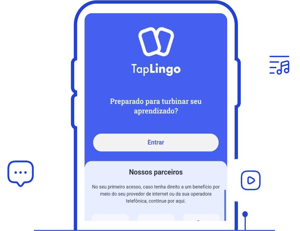  ilustração de um celular que exibe o aplicativo TapLingo e ao redor ícones de música, mensagem e play, criando uma representação lúdica que reflete a diversão e a interatividade do nosso conteúdo.