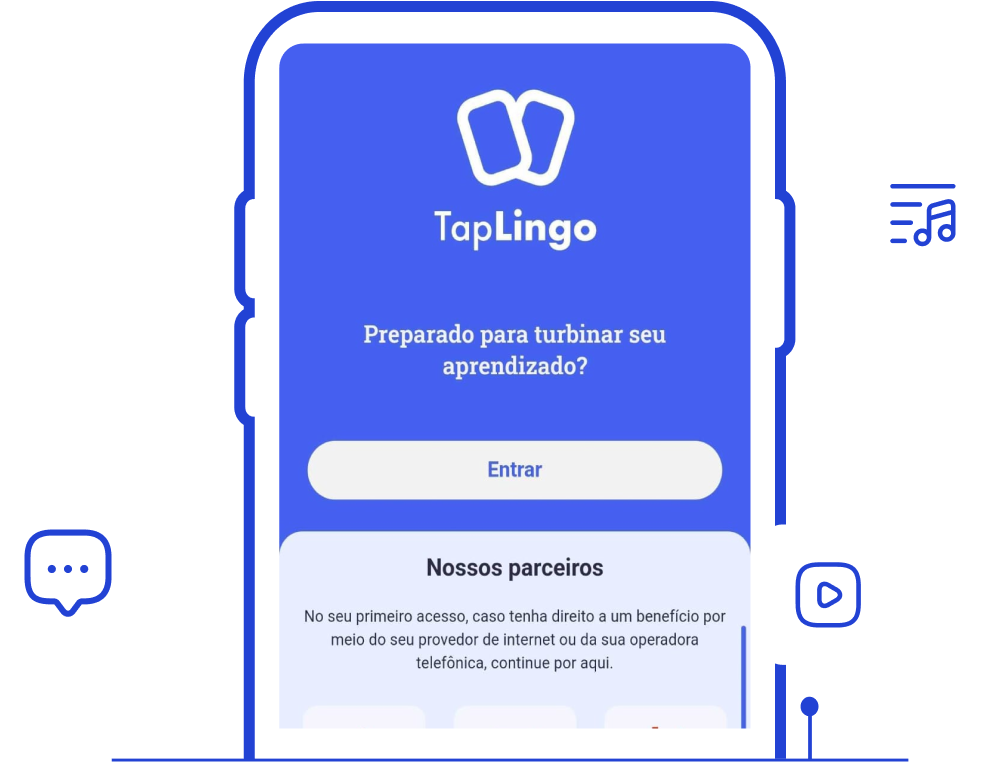  ilustração de um celular que exibe o aplicativo TapLingo e ao redor ícones de música, mensagem e play, criando uma representação lúdica que reflete a diversão e a interatividade do nosso conteúdo.
