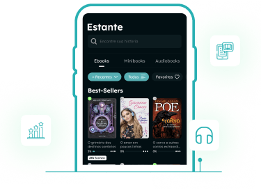 Ilustração de um celular exibindo uma tela do aplicativo Aya Books e algumas ilustrações de fone de ouvido, tablet e uma escadinha ilustrando um Ranking.