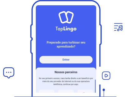  ilustração de um celular que exibe o aplicativo TapLingo e ao redor ícones de música, mensagem e play, criando uma representação lúdica que reflete a diversão e a interatividade do nosso conteúdo.