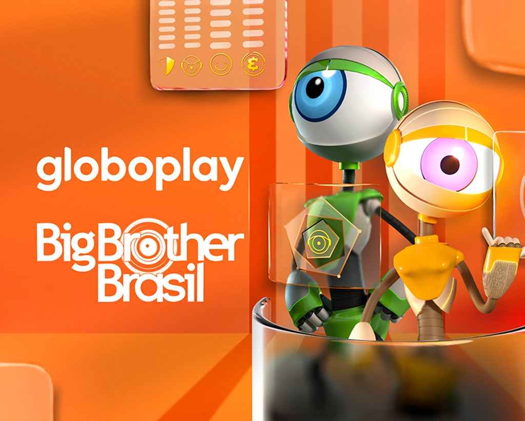 Dois robôs com formato de olhos, um verde e outro dourado, com elementos holográficos ao redor