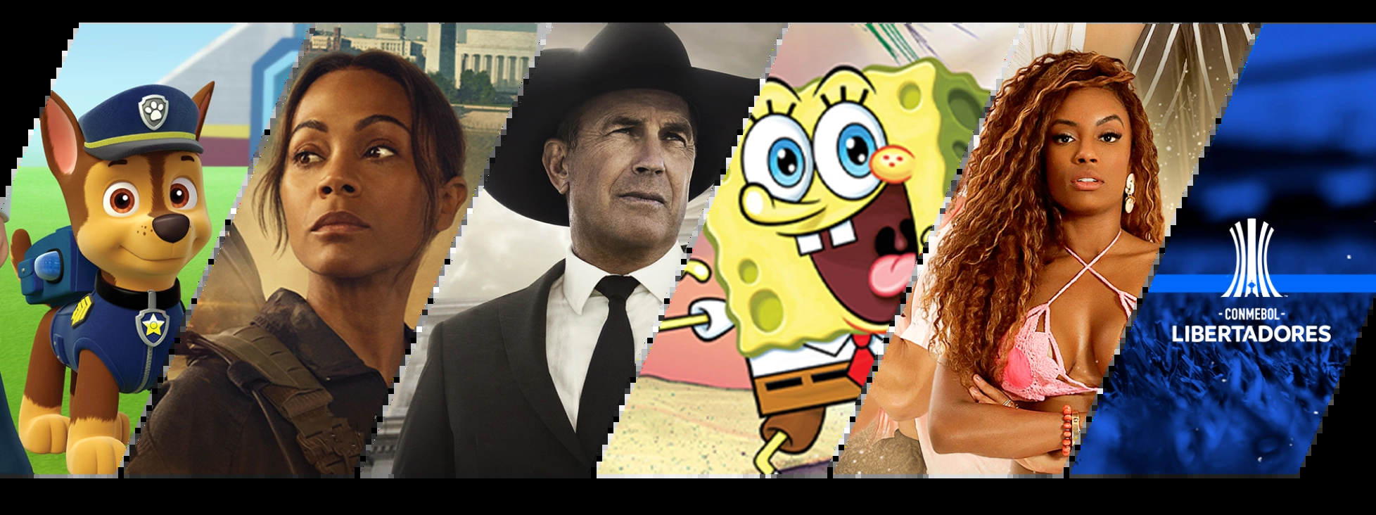 Mosaico com capas de filmes e series do serviço de streaming da paramoint + sendo eles: Patrulha Canina,Lioness, Yellowstone,Bob Esponja, De férias com o Ex, Copa Libertadores.