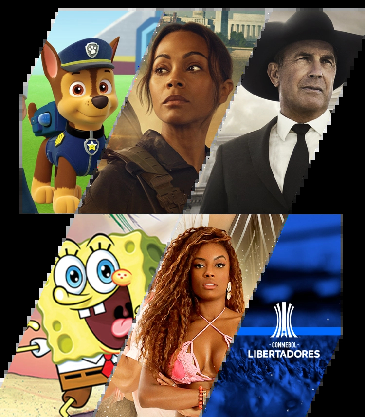 Mosaico com capas de filmes e series do serviço de streaming da paramoint + sendo eles: Patrulha Canina,Lioness, Yellowstone,Bob Esponja, De férias com o Ex, Copa Libertadores.
