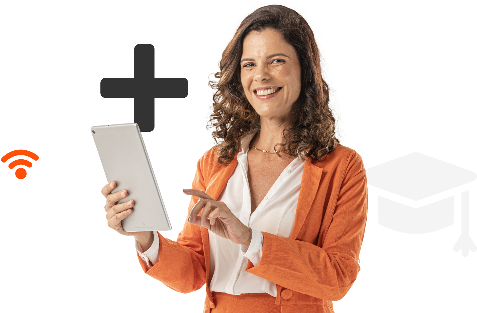 Mulher sorrindo com um tablet na mão e ilustrações ao redor, representando nossas soluções