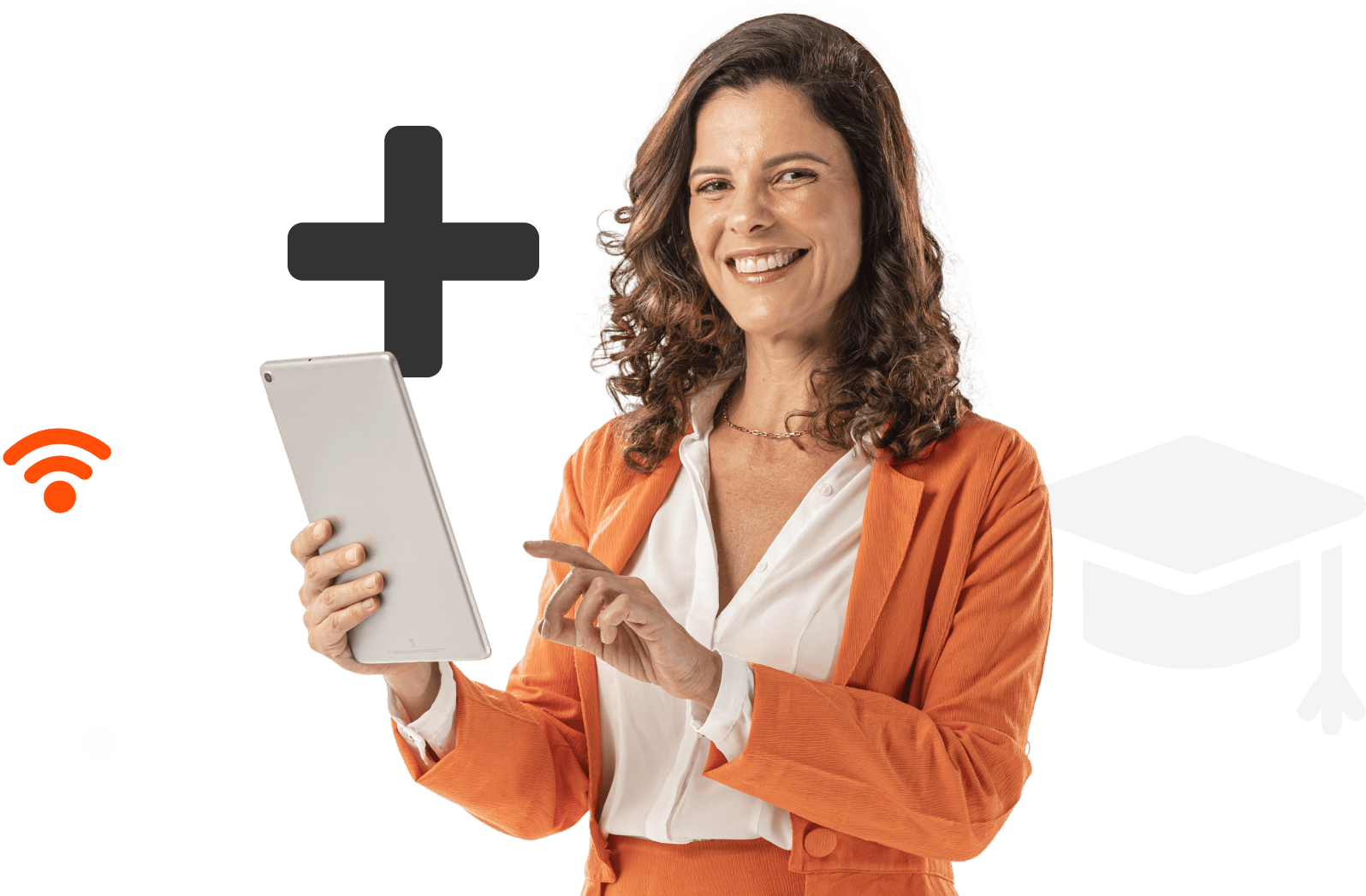 Mulher sorrindo com um tablet na mão e ilustrações ao redor, representando nossas soluções