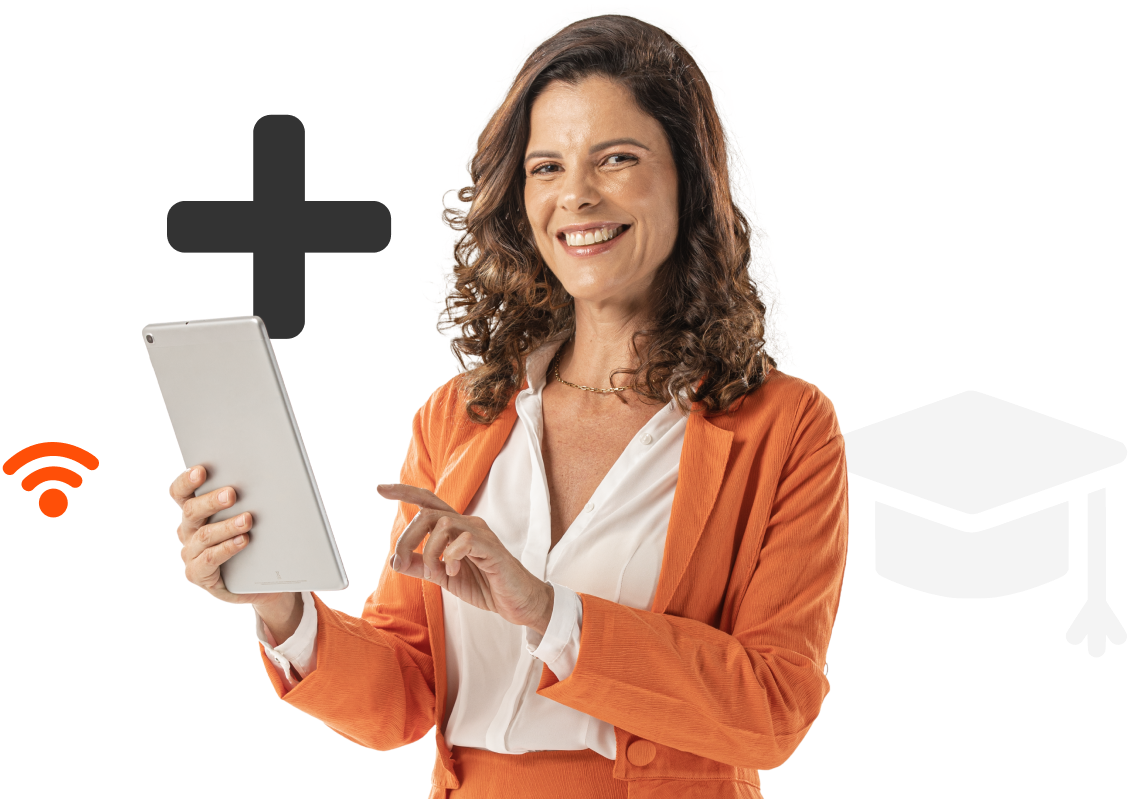 Mulher sorrindo com um tablet na mão e ilustrações ao redor, representando nossas soluções