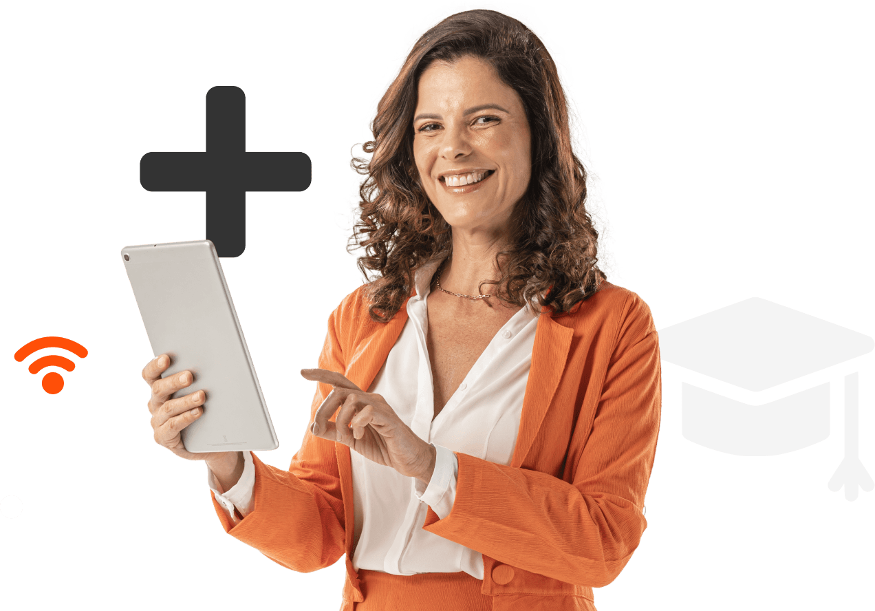 Mulher sorrindo com um tablet na mão e ilustrações ao redor, representando nossas soluções