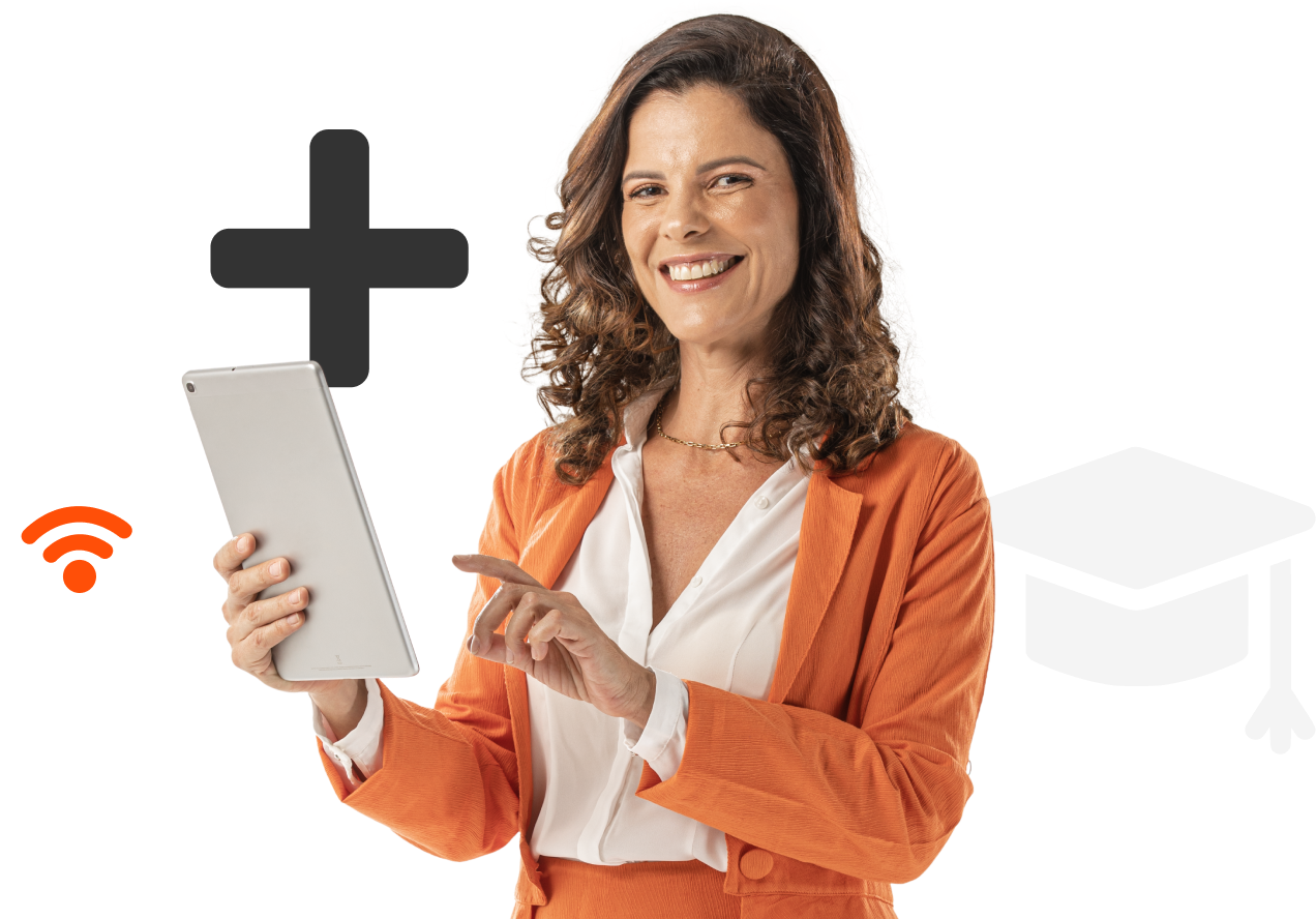 Mulher sorrindo com um tablet na mão e ilustrações ao redor, representando nossas soluções