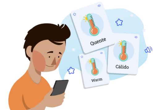 ilustração de um homem que esta concentrado no celular, enquanto tem três imagens com representações de temperatura que exibem os termos "quente", "cálido" e "warn", simbolizando a diversidade de idiomas que tem na TapLingo .