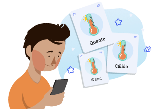 ilustração de um homem que esta concentrado no celular, enquanto tem três imagens com representações de temperatura que exibem os termos "quente", "cálido" e "warn", simbolizando a diversidade de idiomas que tem na TapLingo .