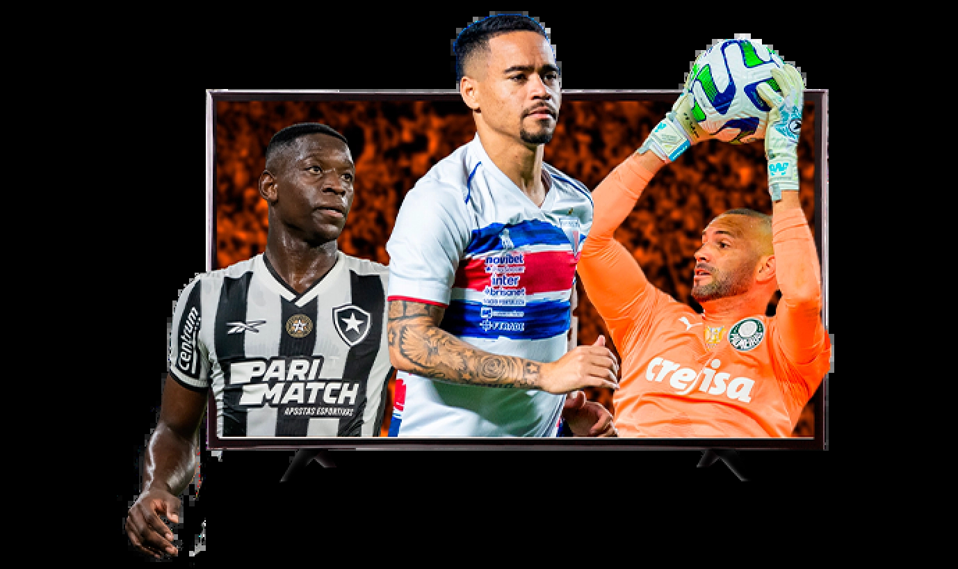 Mosaico com Fotos de Jogadores de futebol de times que jogam no Campeonato Brasileiro de Futebol 2024, no meio dos jogadores contém a logo do Premiere e do brasileirão.