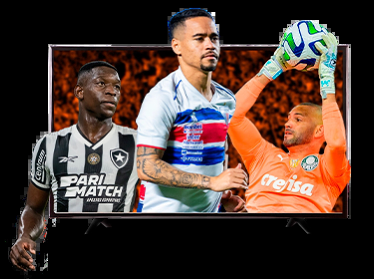 Mosaico com Fotos de Jogadores de futebol de times que jogam no Campeonato Brasileiro de Futebol 2024, no meio dos jogadores contém a logo do Premiere e do brasileirão.
