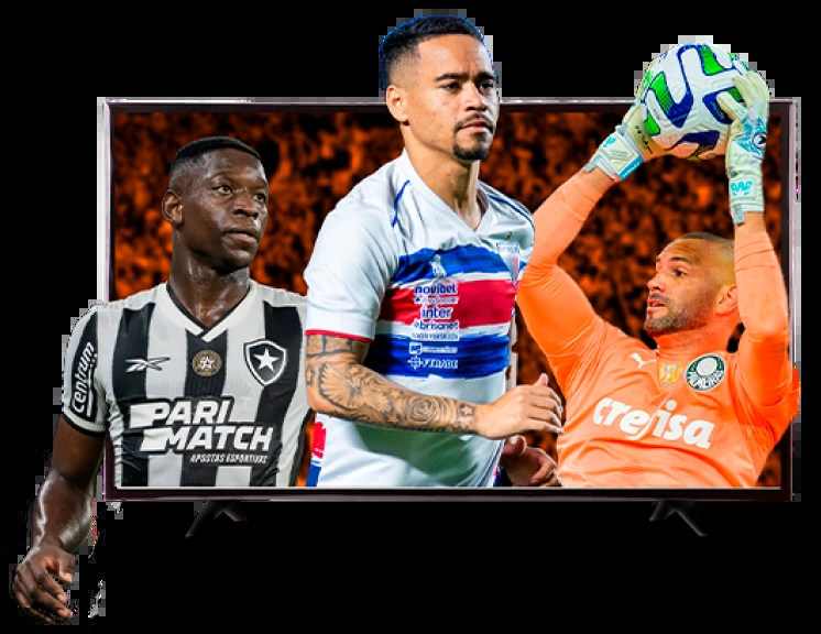 Mosaico com Fotos de Jogadores de futebol de times que jogam no Campeonato Brasileiro de Futebol 2024, no meio dos jogadores contém a logo do Premiere e do brasileirão.