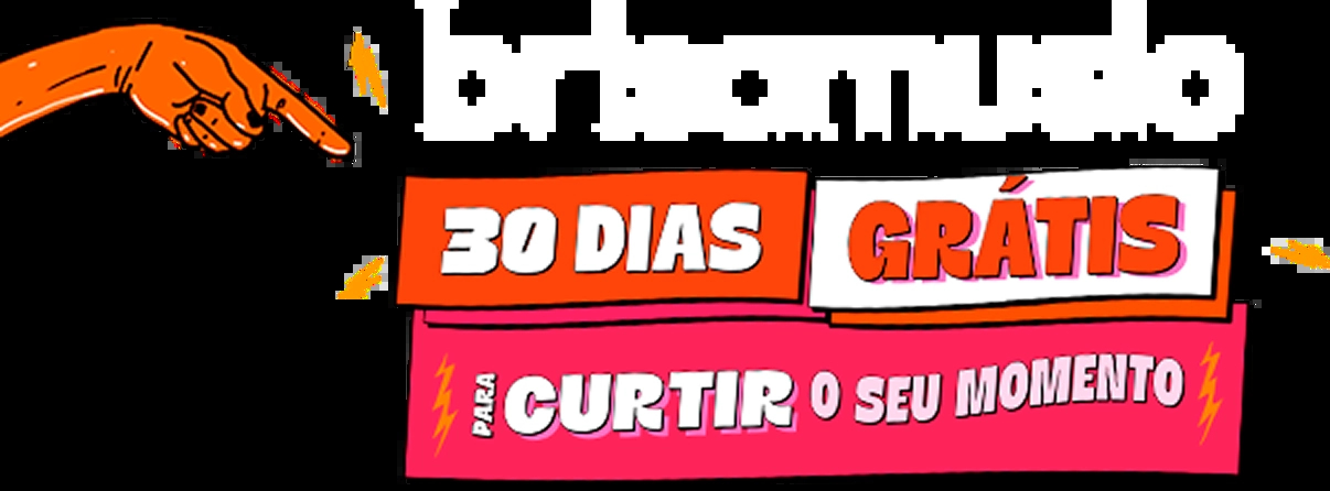Ilustração de mão apontando para a direita, onde esta o texto “brisamusic” em branco. Abaixo, faixas coloridas com os dizeres “30 dias grátis” e “para curtir o seu momento”
