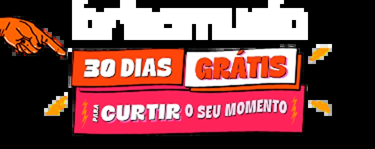 Ilustração de mão apontando para a direita, onde esta o texto “brisamusic” em branco. Abaixo, faixas coloridas com os dizeres “30 dias grátis” e “para curtir o seu momento”