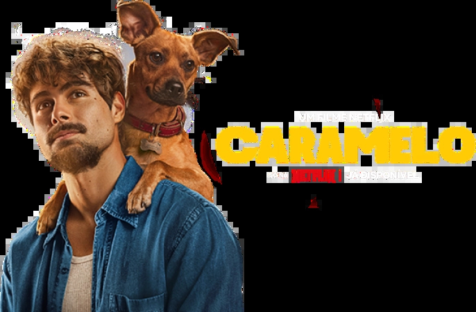 Imagem promocional Brisanet e Netflix para o filme Caramelo, com foco em colaboração. Apresenta um jovem de pele clara, cabelos e barba castanhos, vestindo camisa jeans azul escura, olhando para cima e para a esquerda com expressão séria. Em seu ombro direito, um cachorro caramelo de porte pequeno a médio. O fundo é um céu aberto, sugerindo pôr ou nascer do sol.