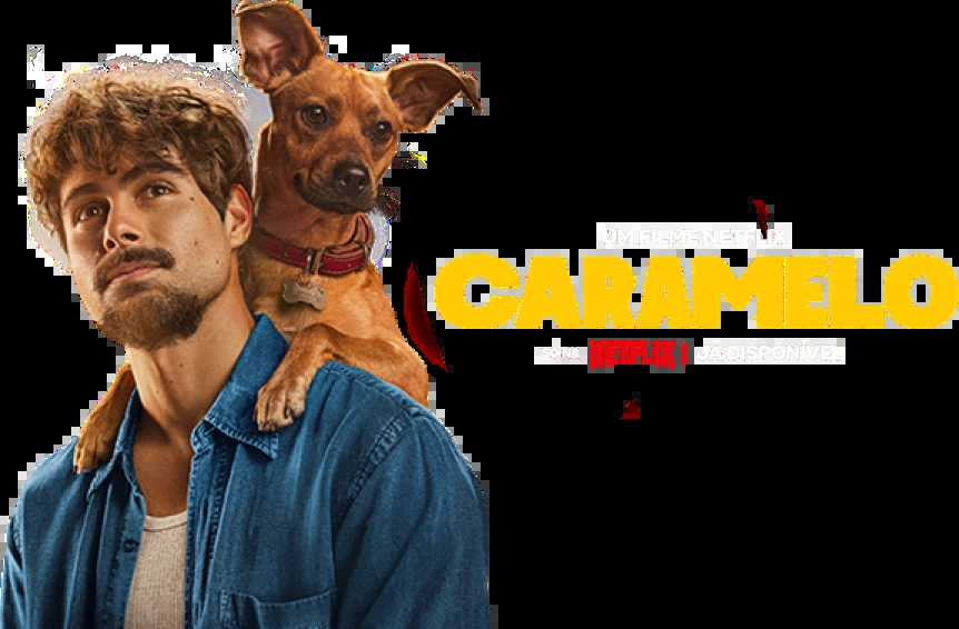Imagem promocional Brisanet e Netflix para o filme Caramelo, com foco em colaboração. Apresenta um jovem de pele clara, cabelos e barba castanhos, vestindo camisa jeans azul escura, olhando para cima e para a esquerda com expressão séria. Em seu ombro direito, um cachorro caramelo de porte pequeno a médio. O fundo é um céu aberto, sugerindo pôr ou nascer do sol.
