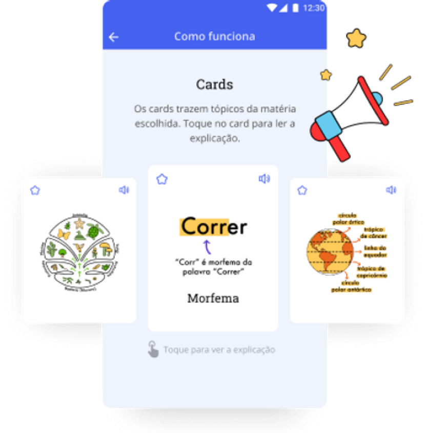 aplicativo reforça, mostrando seus cards com conteúdos para estudos