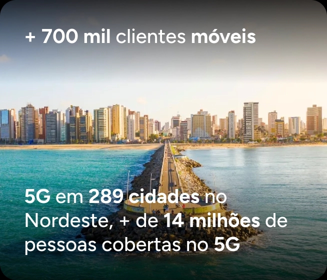 Vista aérea de uma orla costeira com prédios altos, uma faixa de areia e um quebra-mar de pedras que avança para o mar azul. O texto no topo diz: "+ 700 mil clientes móveis"; na parte inferior: "5G em 289 cidades no Nordeste, + de 14 milhões de pessoas cobertas no 5G".