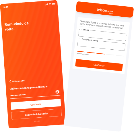 Telas do processo para criar senha no Aplicativo Brisacliente fibra, as telas mostram o login na etapa de digitação da senha e a tela de definição de nova senha com campos para digita-la.
