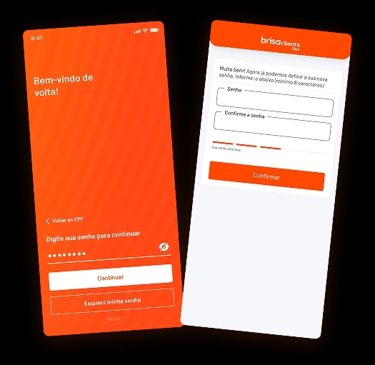 Telas do processo para criar senha no Aplicativo Brisacliente fibra, as telas mostram o login na etapa de digitação da senha e a tela de definição de nova senha com campos para digita-la.