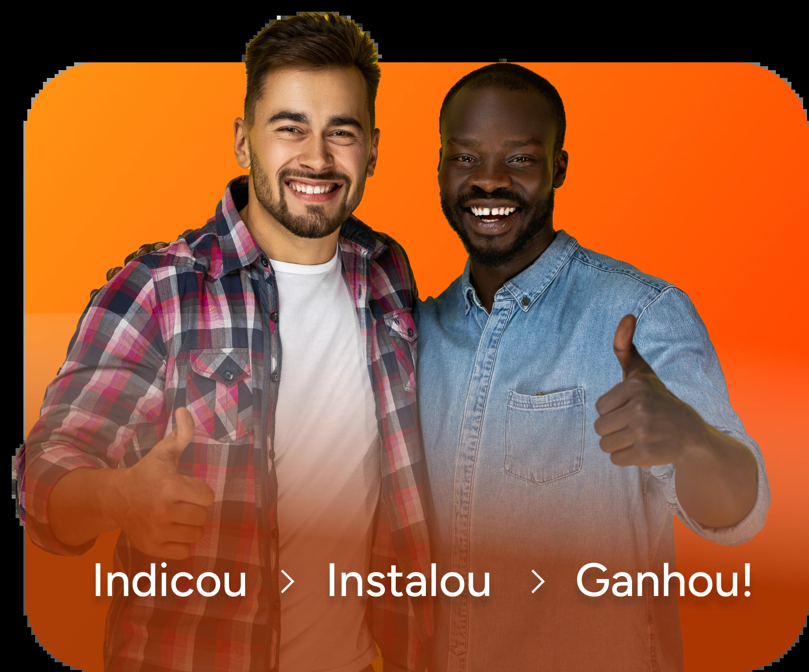 Imagem de dois homens sorrindo e fazendo um gesto positivo com as mãos.