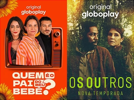 Imagem em uma tela de televisor com os logotipos "globoplay" e "Big Brother Brasil" posicionados à esquerda. À direita, o mascote robô do programa faz um gesto de positivo com o polegar. O fundo da composição é amarelo.