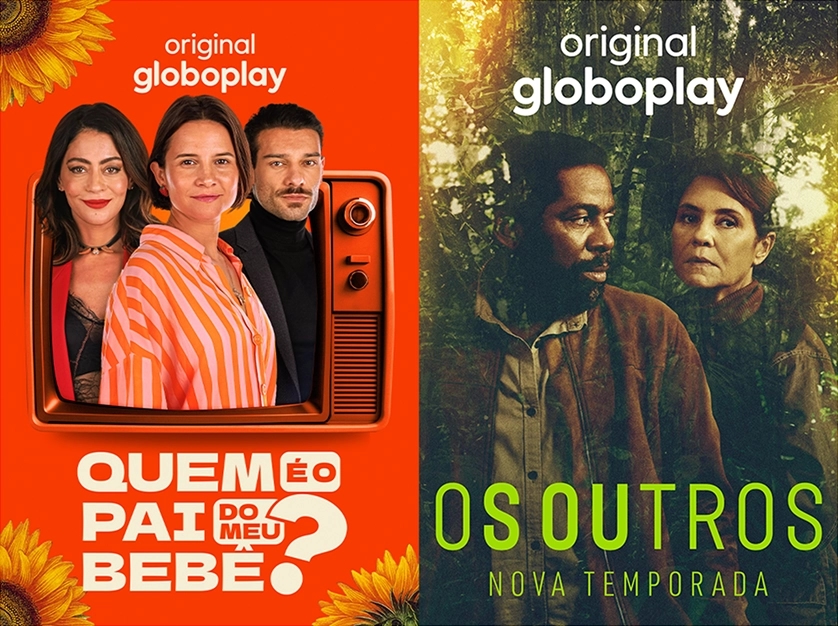 Imagem em uma tela de televisor com os logotipos "globoplay" e "Big Brother Brasil" posicionados à esquerda. À direita, o mascote robô do programa faz um gesto de positivo com o polegar. O fundo da composição é amarelo.
