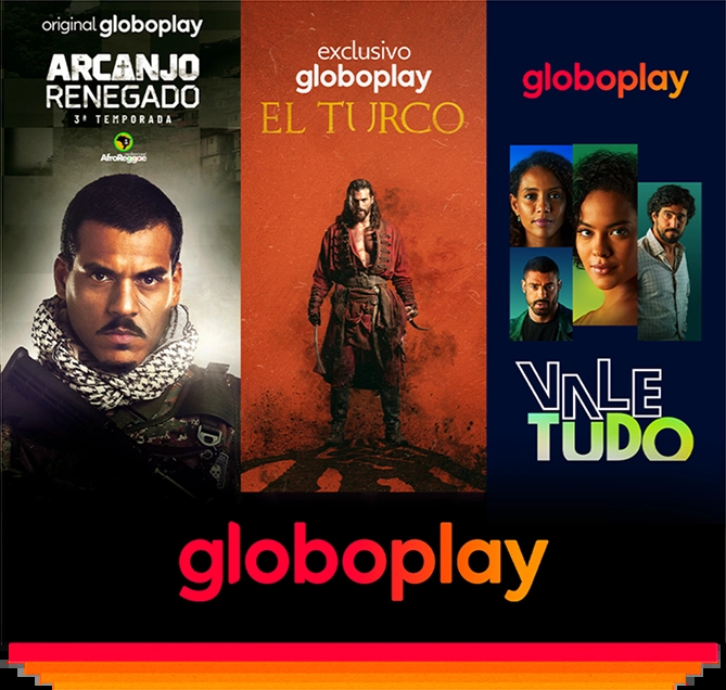 Fundo laranja com os logotipos “globoplay” e “Big Brother Brasil”. No centro, dois robôs com formato de olhos, um verde e outro dourado, com elementos holográficos ao redor.