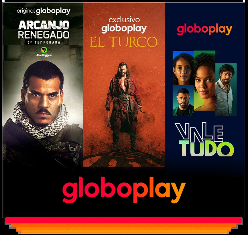 Fundo laranja com os logotipos “globoplay” e “Big Brother Brasil”. No centro, dois robôs com formato de olhos, um verde e outro dourado, com elementos holográficos ao redor.