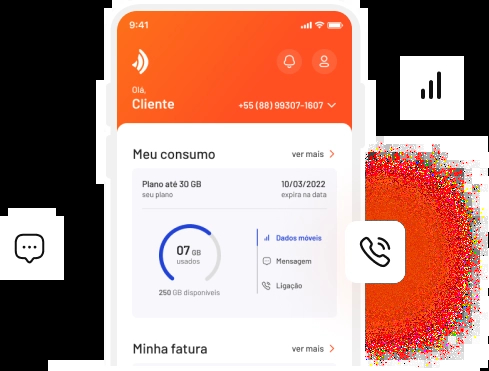 Ilustração de um celular exibindo a tela do Brisacliente móvel, simulando atividades de consumo.