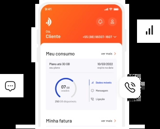 Ilustração de um celular exibindo a tela do Brisacliente móvel, simulando atividades de consumo.