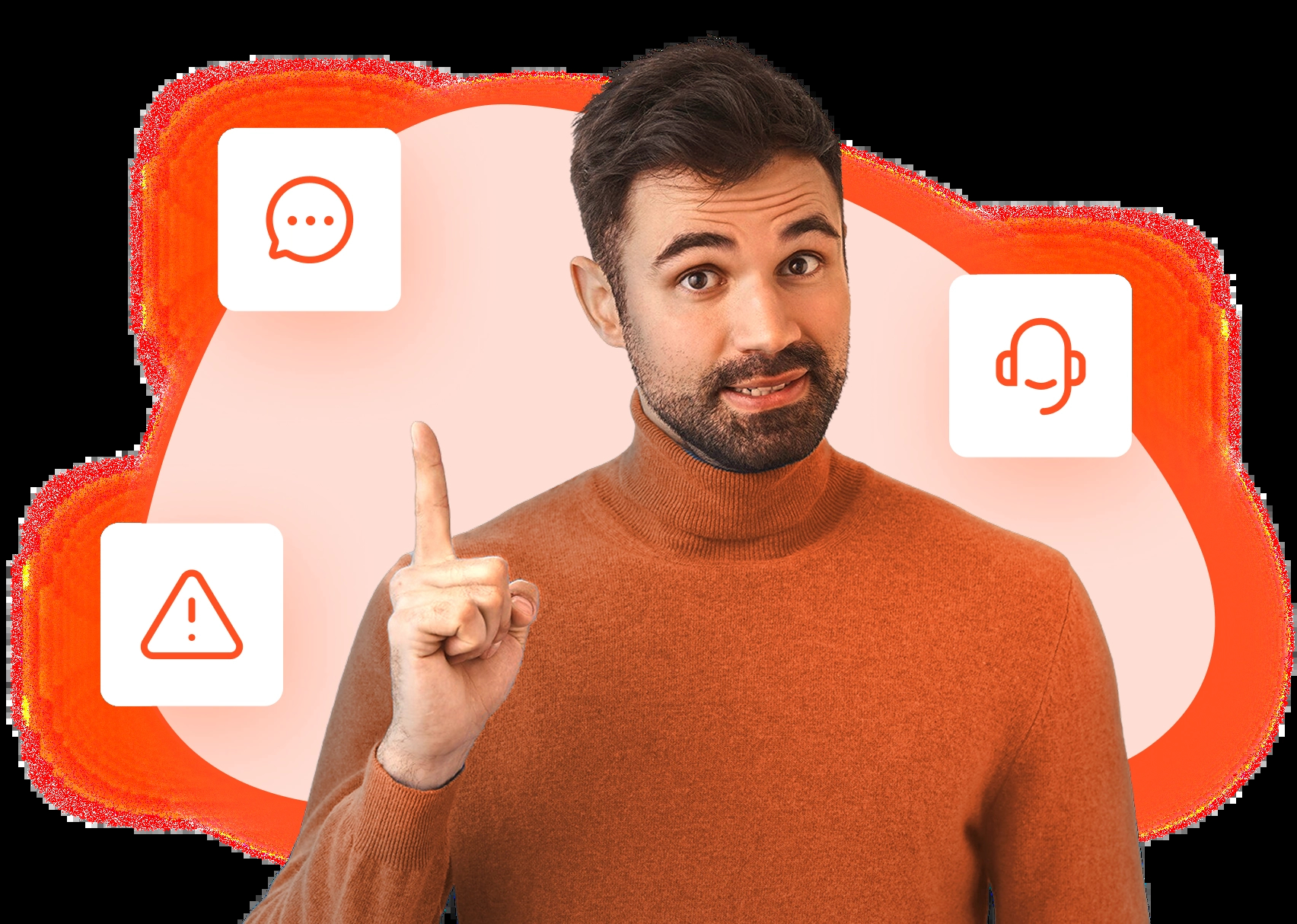 Um homem com barba, vestindo uma blusa laranja, aponta o dedo indicador para cima. Ícones de um balão de fala, um fone de ouvido e um triângulo de aviso aparecem ao redor dele.