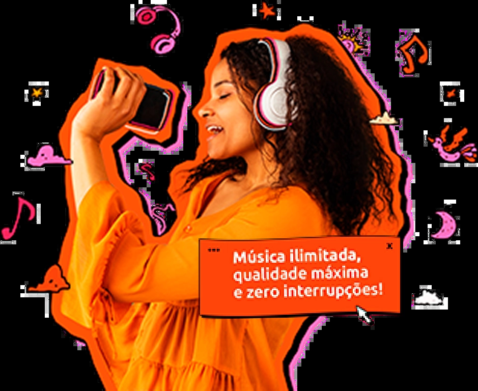 imagem de uma mulher sorridente segurando um celular com fones de ouvido