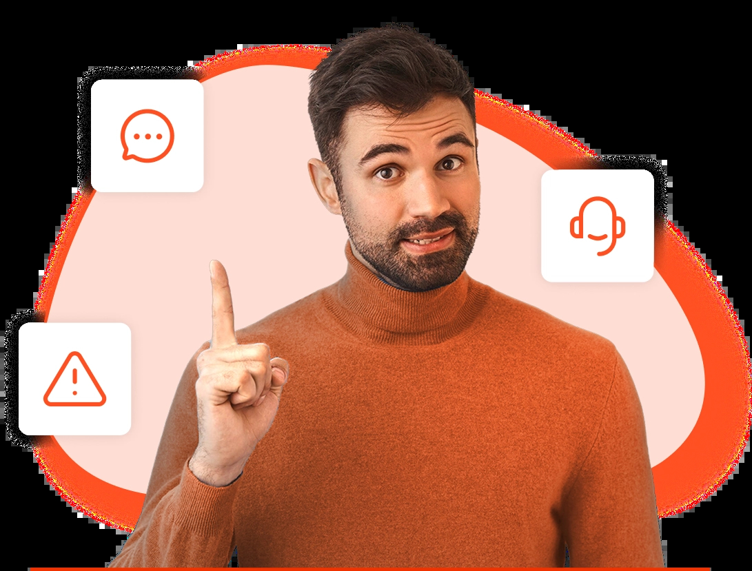 Um homem com barba, vestindo uma blusa laranja, aponta o dedo indicador para cima. Ícones de um balão de fala, um fone de ouvido e um triângulo de aviso aparecem ao redor dele.