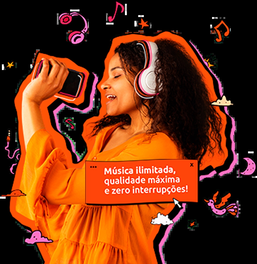 imagem de uma mulher sorridente segurando um celular com fones de ouvido