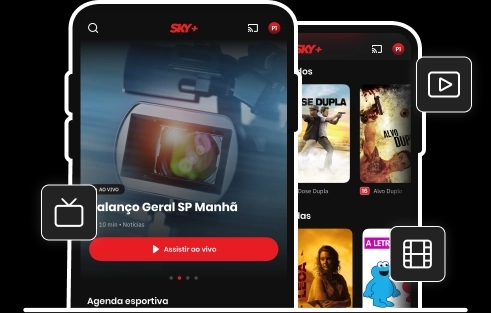 Interface do aplicativo móvel SKY+ demonstrada em dois smartphones sobrepostos. A tela principal destaca uma transmissão com o título "Balanço Geral SP Manhã" e um botão vermelho "Assistir ao vivo", cercada por ícones flutuantes de TV, vídeo e catálogo.