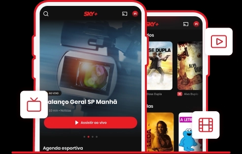 Interface do aplicativo móvel SKY+ demonstrada em dois smartphones sobrepostos. A tela principal destaca uma transmissão com o título "Balanço Geral SP Manhã" e um botão vermelho "Assistir ao vivo", cercada por ícones flutuantes de TV, vídeo e catálogo.