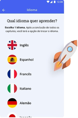 Imagem do aplicativo TapLingo, onde a tela exibe uma variedade de opções linguísticas, permitindo que você escolha o que mais se adequa às suas preferências e necessidades.