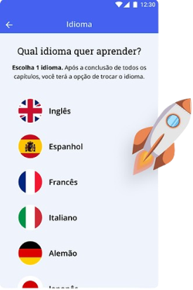 Imagem do aplicativo TapLingo, onde a tela exibe uma variedade de opções linguísticas, permitindo que você escolha o que mais se adequa às suas preferências e necessidades.