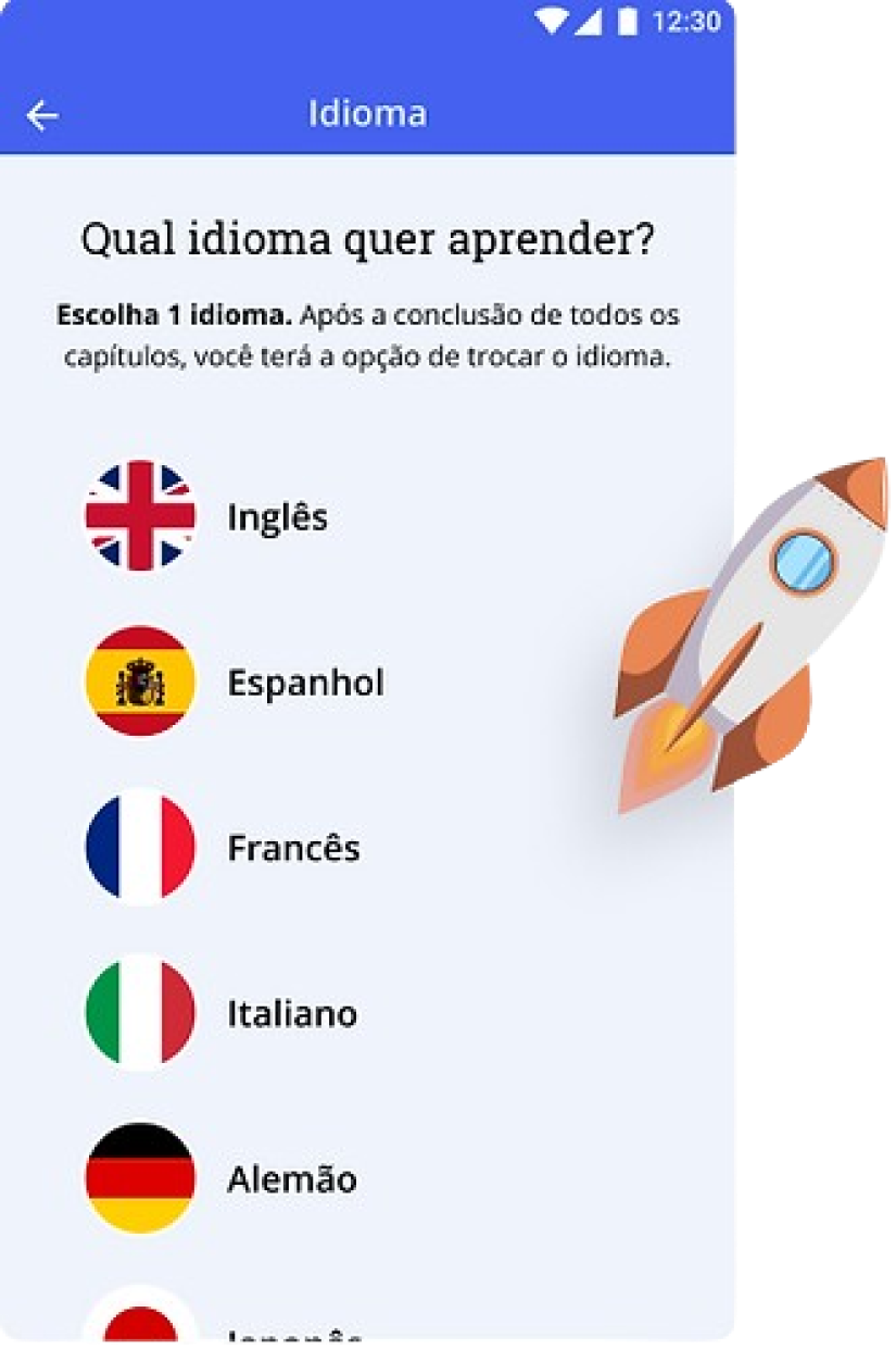 Imagem do aplicativo TapLingo, onde a tela exibe uma variedade de opções linguísticas, permitindo que você escolha o que mais se adequa às suas preferências e necessidades.