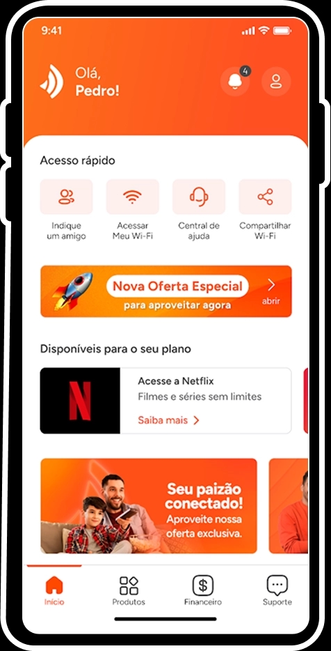 Interface de um aplicativo Brisamóvel. No topo, há o logotipo da Brisanet, a saudação "Olá, MATHEUS!", um ícone de sino de notificação e um ícone de perfil. Abaixo, a seção "Acesso rápido" apresenta quatro botões: "Indique um amigo", "Acessar Meu Wi-Fi", "Central de ajuda" e "Compartilhar Wi-Fi". Segue-se um card do "Brisa Music" e um banner promocional sobre indicação de amigos com a foto de dois homens. Na base da tela, há um menu de navegação com os itens "Início", "Planos", "Financeiro" e "Suporte".