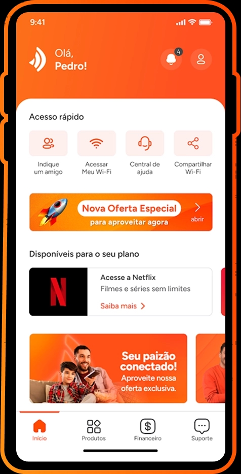 Interface de um aplicativo Brisamóvel. No topo, há o logotipo da Brisanet, a saudação "Olá, MATHEUS!", um ícone de sino de notificação e um ícone de perfil. Abaixo, a seção "Acesso rápido" apresenta quatro botões: "Indique um amigo", "Acessar Meu Wi-Fi", "Central de ajuda" e "Compartilhar Wi-Fi". Segue-se um card do "Brisa Music" e um banner promocional sobre indicação de amigos com a foto de dois homens. Na base da tela, há um menu de navegação com os itens "Início", "Planos", "Financeiro" e "Suporte".