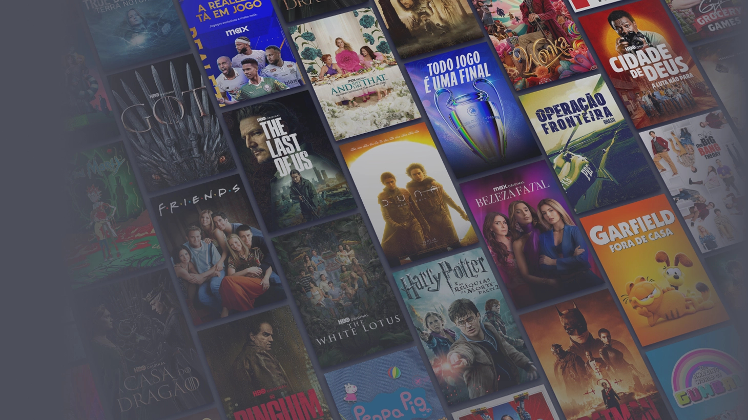 Banner com imagem de fundo azul. À esquerda, os logotipos da Brisanet e Max. À direita, uma grade com capas de filmes e séries, incluindo 'The Last of Us', 'House of the Dragon', 'Super Pets', 'Game of Thrones', 'Friends' e outros.
