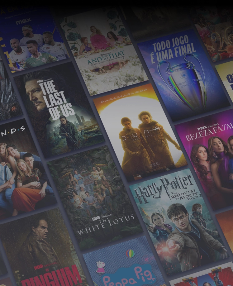Banner com imagem de fundo azul. À esquerda, os logotipos da Brisanet e Max. À direita, uma grade com capas de filmes e séries, incluindo 'The Last of Us', 'House of the Dragon', 'Super Pets', 'Game of Thrones', 'Friends' e outros.